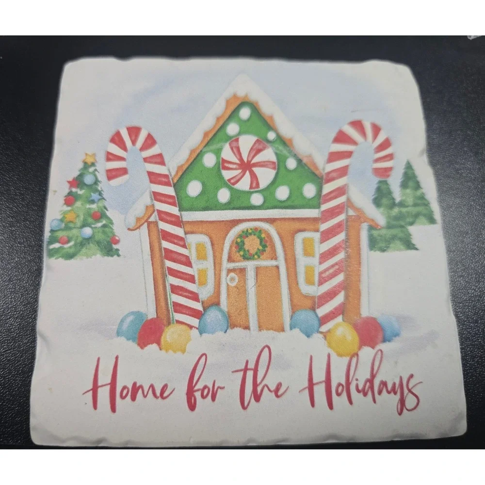 Christmas Tree Shops Stone Coaster Set of 5 Holiday Gingerbread Wagon Sleigh 4in